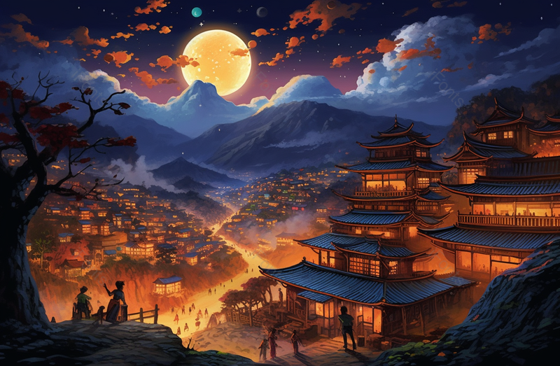 中秋节灯火通明房屋夜景插画,插画/手绘图,插画/手绘图库,插画/手绘图下载,插画/手绘